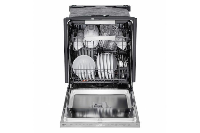  Front view of LG FlushFit™ Dishwasher | 46 dB, QuadWash® Pro, AutoVentDry™, Adj. 3rd Rack, Floor Status Indicator Top Cotrol, Stainlesns with door open- LDNPQ555S